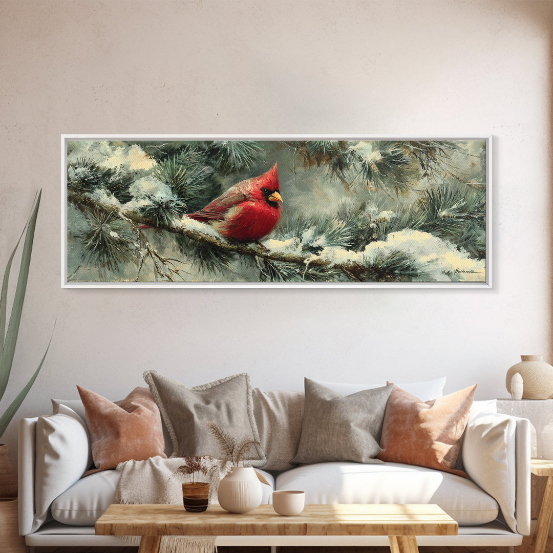 Red Cardinal on Snowy Pine Branch Framed Canvas Print, Bird Art, Botanical Wall Art, Living Room Decor, Watercolor Art, Flight, BIR-3x1-17