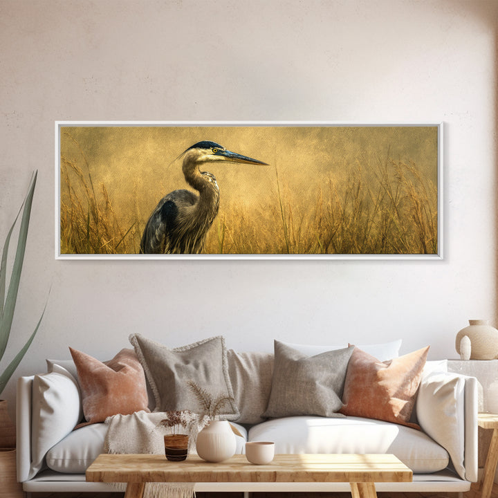 Blue Heron in Misty Marsh Grass Framed Canvas Print, Bird Art, Printable Art, Living Room Decor, Flight, Mid Century Wall Art, BIR-3x1-18