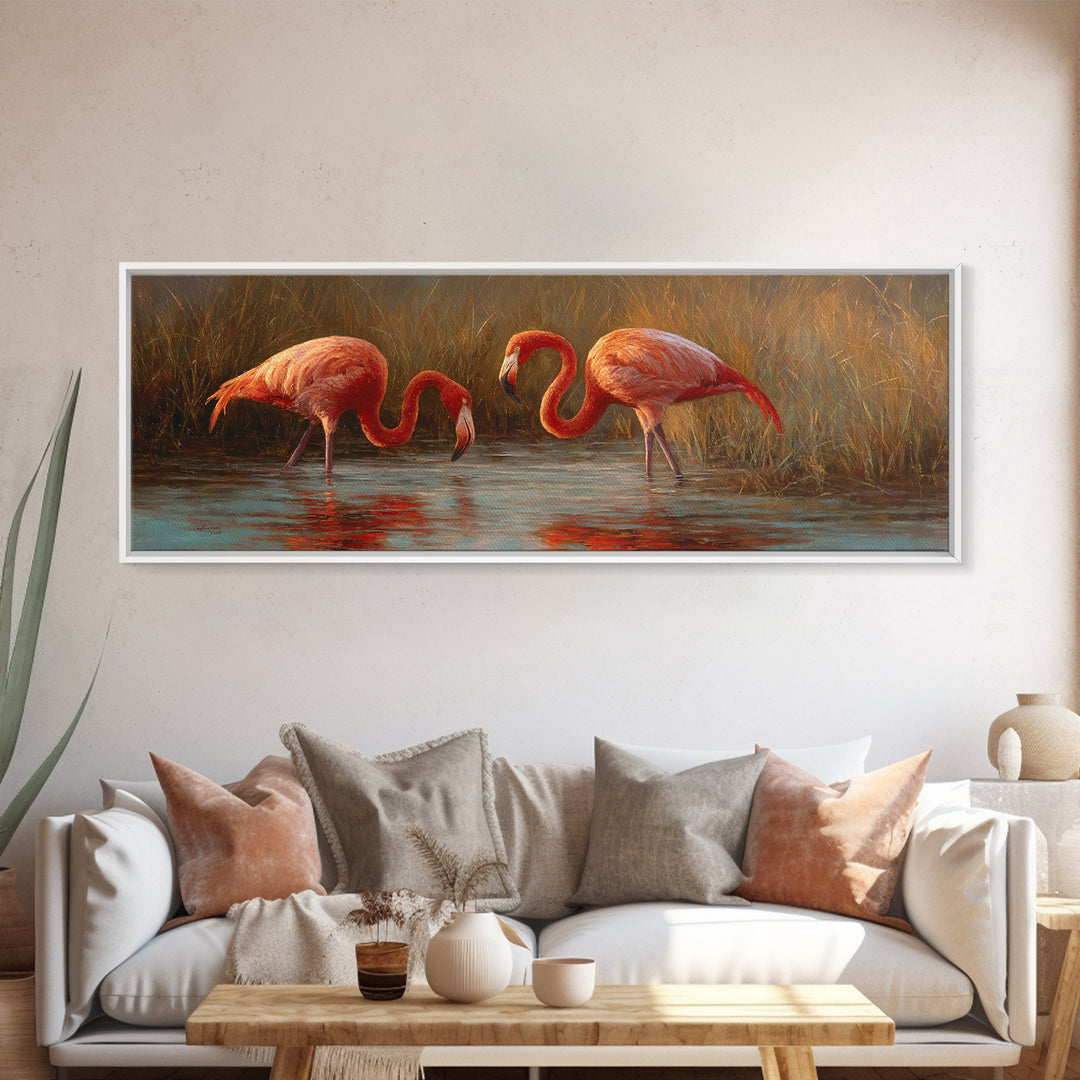 Flamingo Pair in Coral Water Reflections Framed Canvas Print, Bird Art, Mid Century Modern, Living Room Decor, Fine Art, Flight, BIR-3x1-2