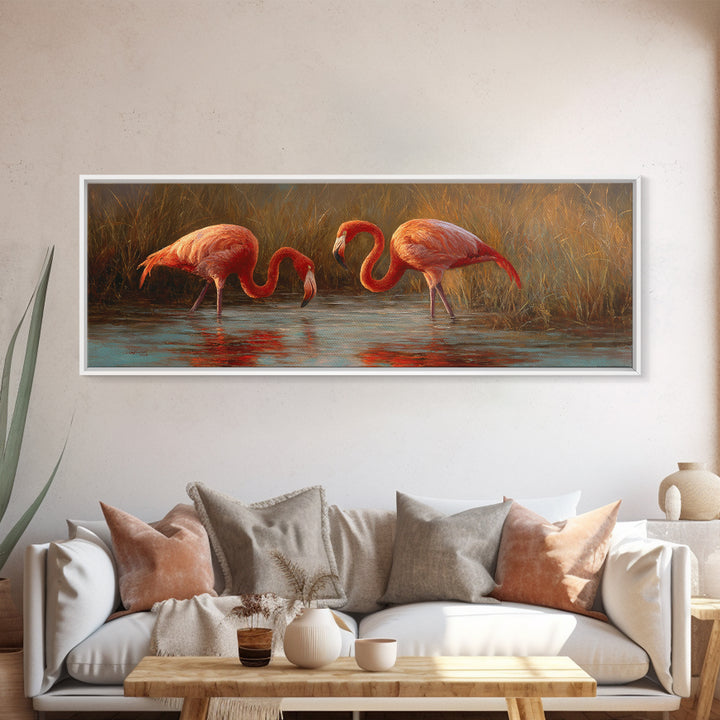 Flamingo Pair in Coral Water Reflections Framed Canvas Print, Bird Art, Mid Century Modern, Living Room Decor, Fine Art, Flight, BIR-3x1-2