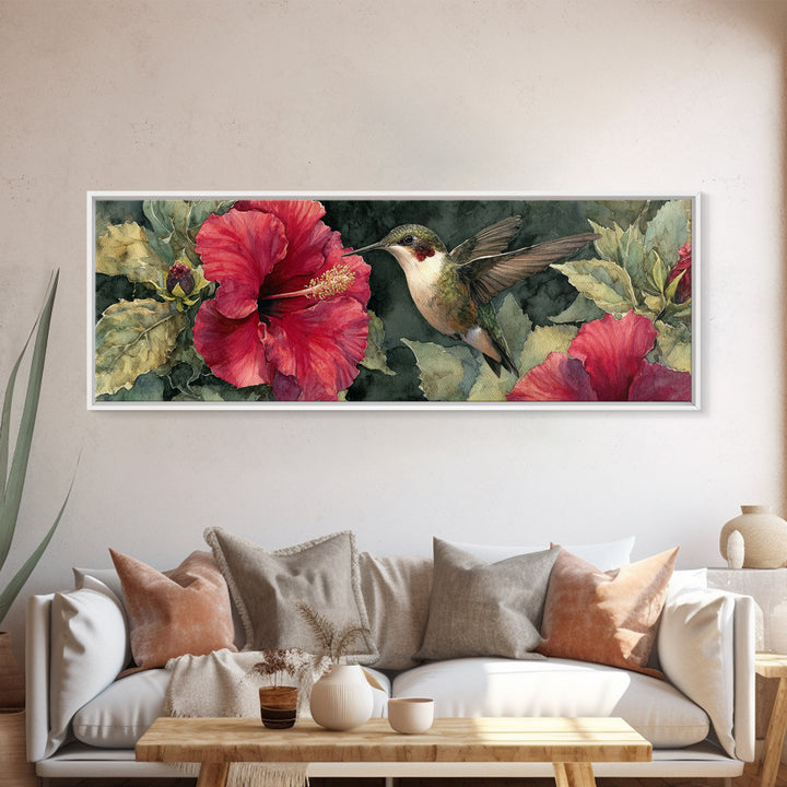Hummingbird Hovering Beside Bright Hibiscus Canvas Print, Bird Art, Bird Wall Art, Living Room Decor, Fine Art, Flight, BIR-3x1-20