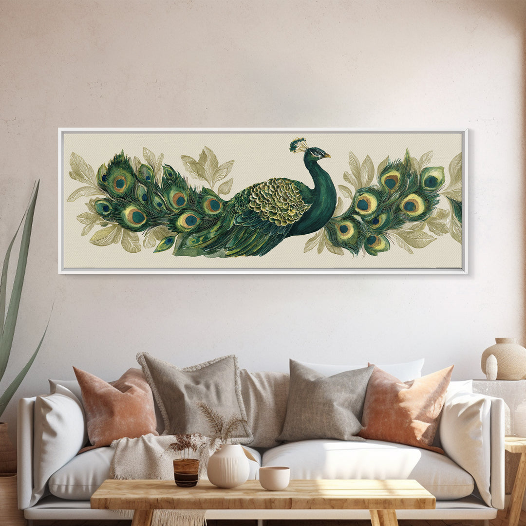 Peacock with Jewel Tone Feather Pattern Framed Canvas Print, Bird Art, Boho Decor, Living Room Decor, Fine Art, Flight, BIR-3x1-23