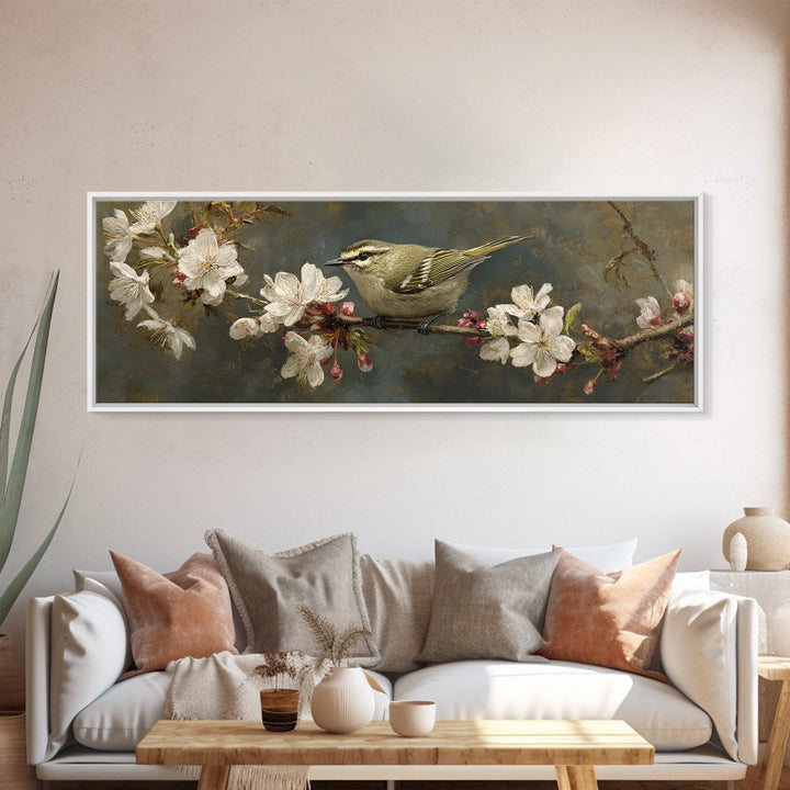 Songbird Perched on Cherry Blossoms Canvas Print, Bird Art, Nature Wall Art, Living Room Decor, Fine Art, Flight, BIR-3x1-24