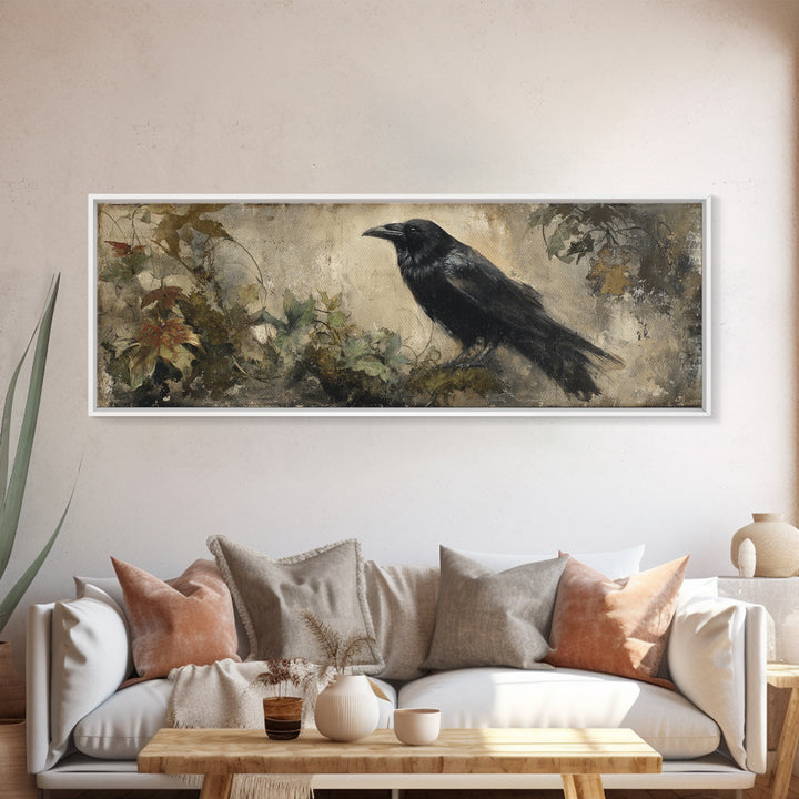Raven Silhouette with Gothic Atmosphere Canvas Print, Bird Art, Mcm Decor, Living Room Decor, Abstract Art, Flight, BIR-3x1-25