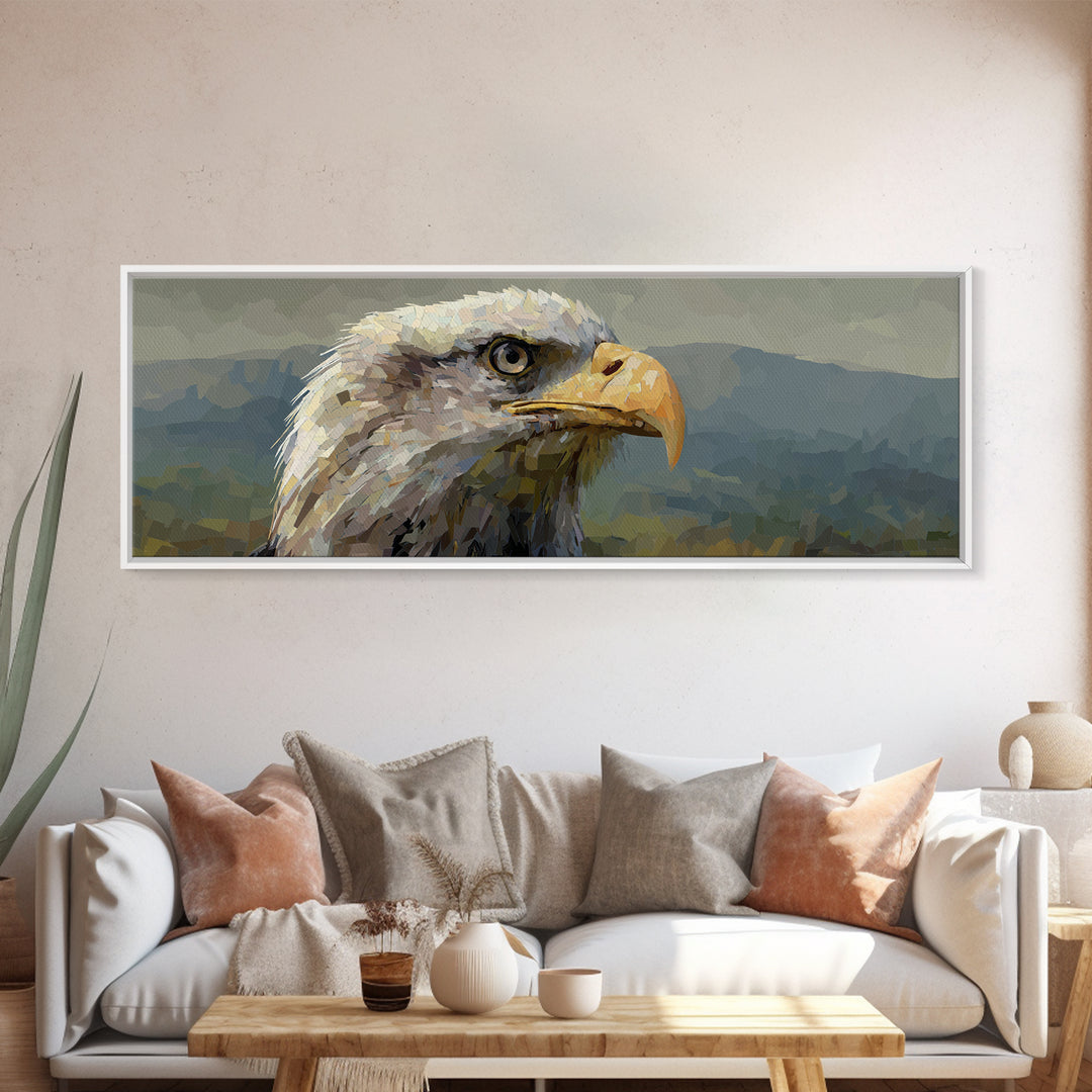 Eagle Portrait with Dramatic Mountain Wind Framed Canvas Print, Bird Art, Rustic Home Decor, Living Room Decor, Oil Painting, BIR-3x1-28