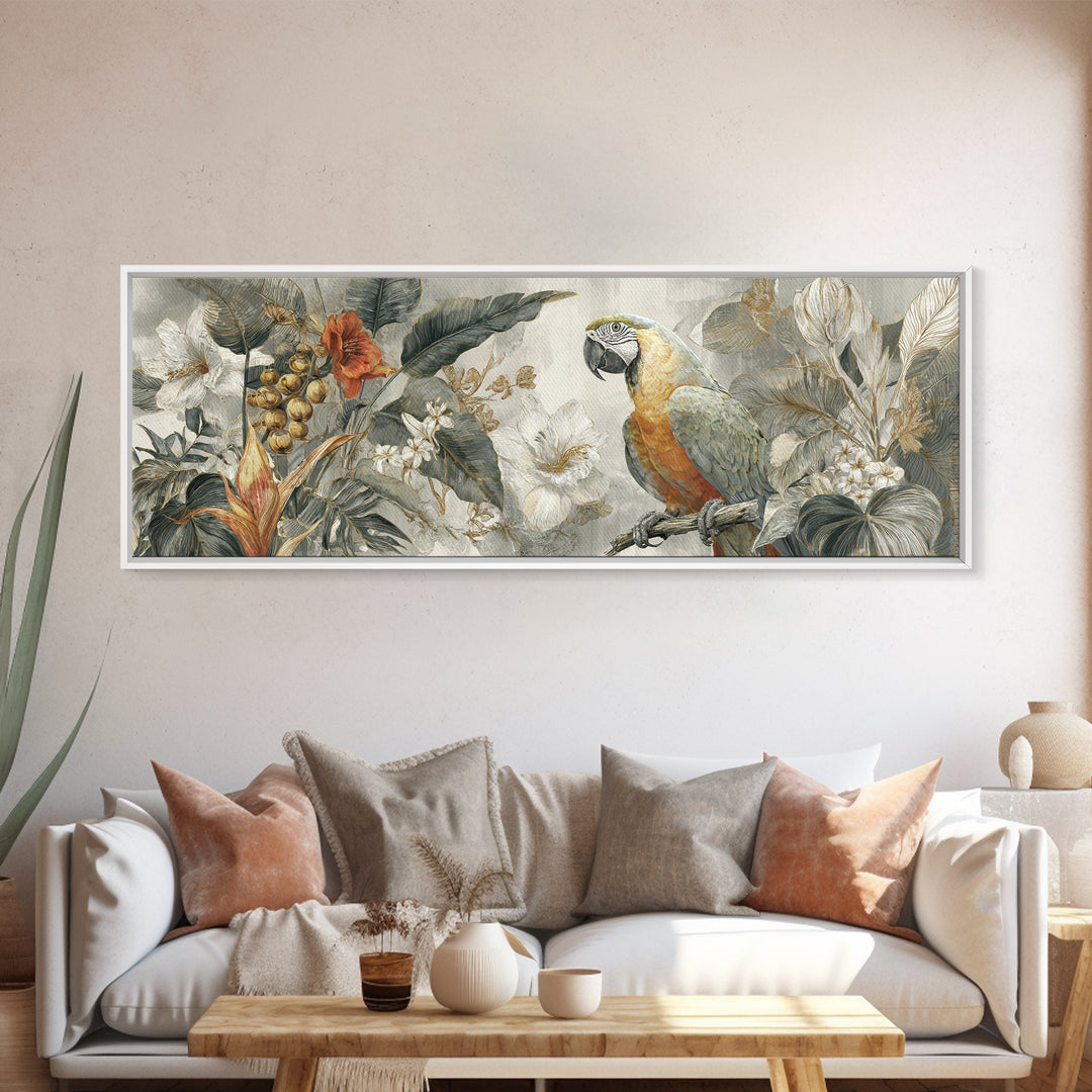 Parrot Among Tropical Leaves and Fruit Canvas Print, Bird Art, Boho Wall Decor, Living Room Decor, Oil Painting, Flight, BIR-3x1-29