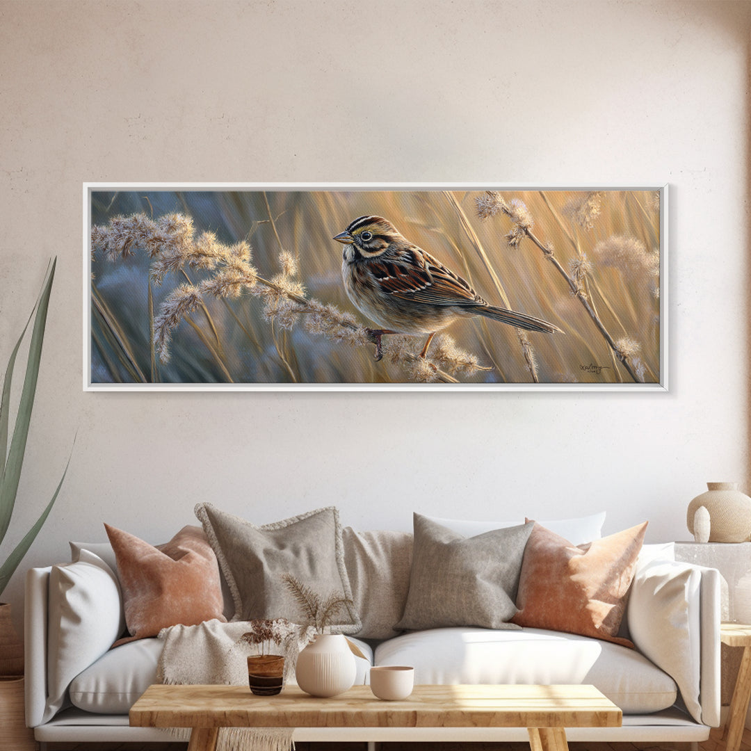 Small Sparrow on Wildflower Stem Canvas Print, Bird Art, Wall Art, Living Room Decor, Watercolor Art, Flight, Japanese Wall Art, BIR-3x1-30
