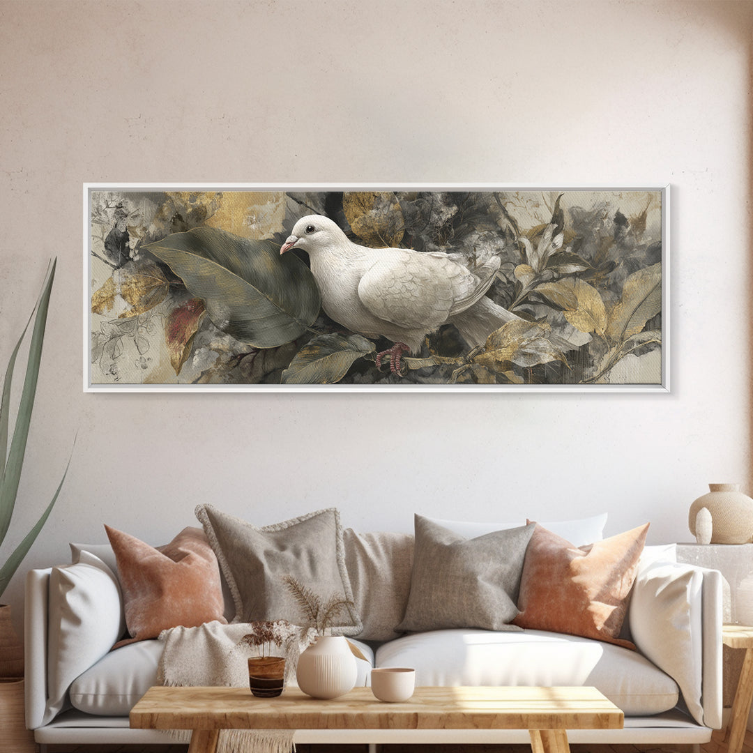 White Dove with Olive Branch and Calm Framed Canvas Print, Bird Art, Floral Art, Living Room Decor, Fine Art, Flight, BIR-3x1-32