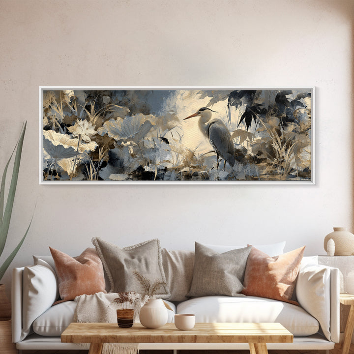 Crane and Lotus Composition Canvas Print, Bird Art, Living Room Decor, Fine Art, Flight, Rustic Home Decor, Floral Art, BIR-3x1-33