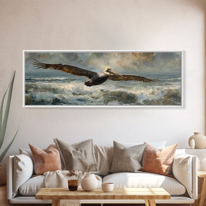 Pelican Flying over Coastal Waves Canvas Print, Bird Art, Original Art, Living Room Decor, Abstract Art, Flight, Mcm Decor, BIR-3x1-34