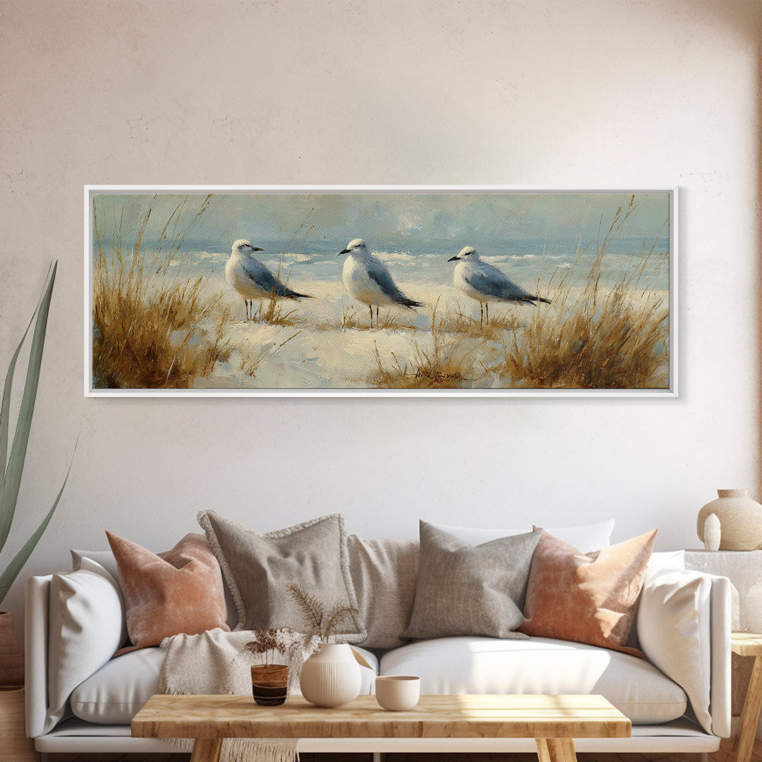 Seagulls Above a Pale Beach Horizon Canvas Print, Bird Art, Forest Wall Art, Living Room Decor, Flight, Minimalist Decor, BIR-3x1-36