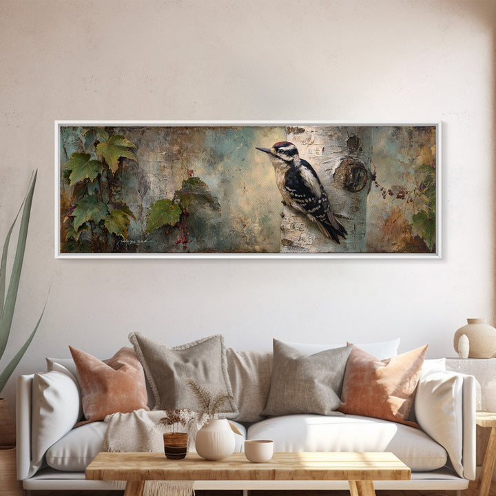 Woodpecker on Birch Bark Texture Framed Canvas Print, Bird Art, Modern Art, Living Room Decor, Watercolor Art, Flight, BIR-3x1-37