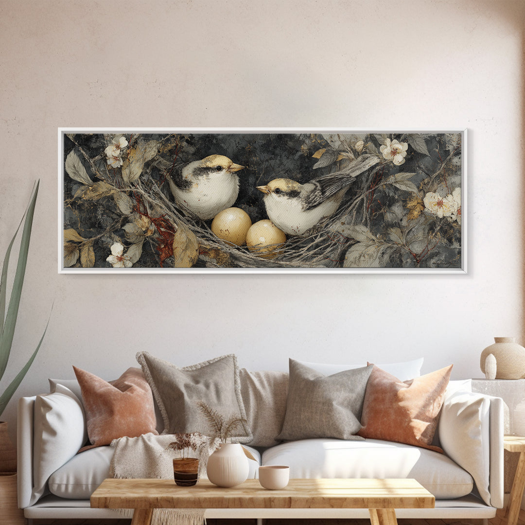 Bird Nest with Eggs and Delicate Twigs Canvas Print, Bird Art, Digital Print, Living Room Decor, Fine Art, Flight, Bird Prints, BIR-3x1-38
