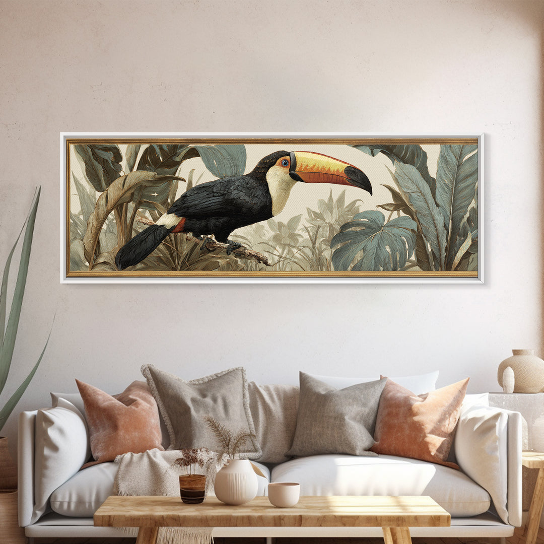 Toucan Framed by Bold Jungle Foliage Canvas Print, Bird Art, Fine Art Print, Living Room Decor, Fine Art, Flight, Wall Decor, BIR-3x1-39