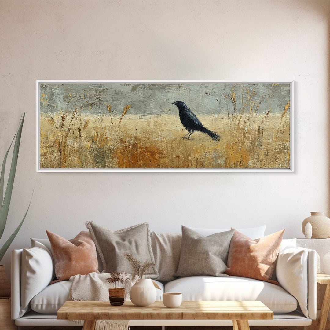 Blackbird on Gold Wheat Field Canvas Print, Bird Art, Gallery Decor, Living Room Decor, Fine Art, Flight, Contemporary Art, BIR-3x1-40