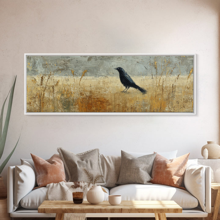 Blackbird on Gold Wheat Field Canvas Print, Bird Art, Gallery Decor, Living Room Decor, Fine Art, Flight, Contemporary Art, BIR-3x1-40