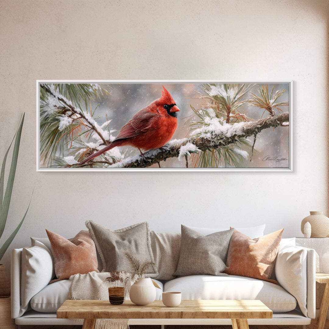 Red Cardinal on Snowy Pine Branch Canvas Print, Bird Art, Nature Prints, Living Room Decor, Fine Art, Flight, Boho Decor, BIR-3x1-41