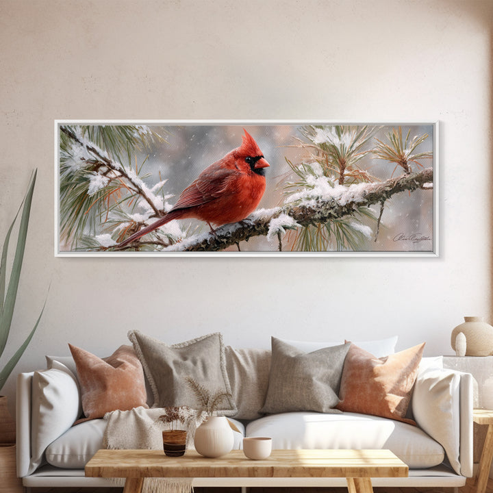 Red Cardinal on Snowy Pine Branch Canvas Print, Bird Art, Nature Prints, Living Room Decor, Fine Art, Flight, Boho Decor, BIR-3x1-41