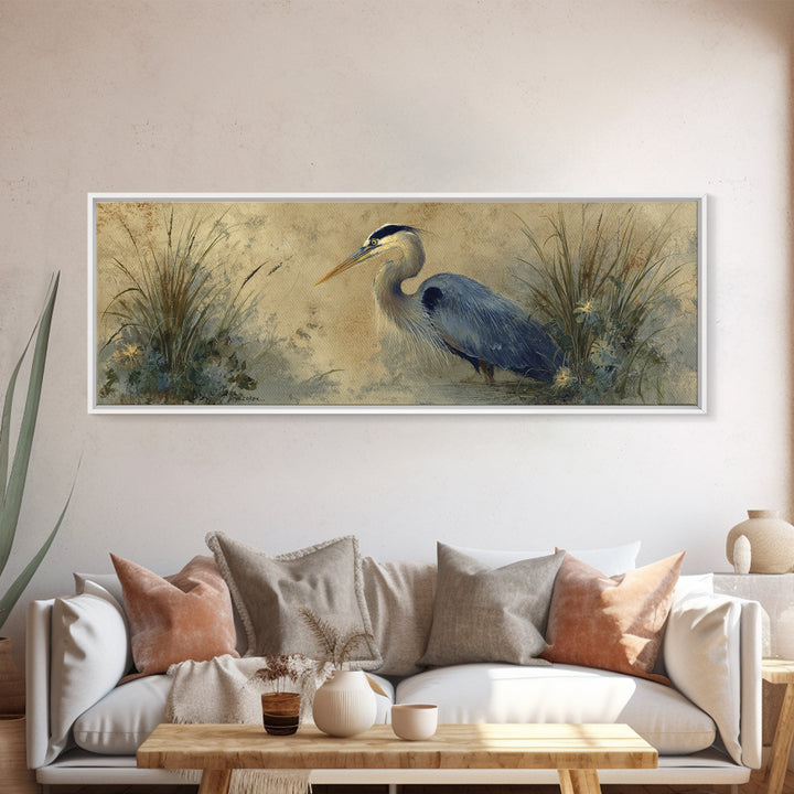 Blue Heron in Misty Marsh Grass Canvas Print, Bird Art, Boho Wall Decor, Living Room Decor, Fine Art, Flight, Nature Wall Art, BIR-3x1-42