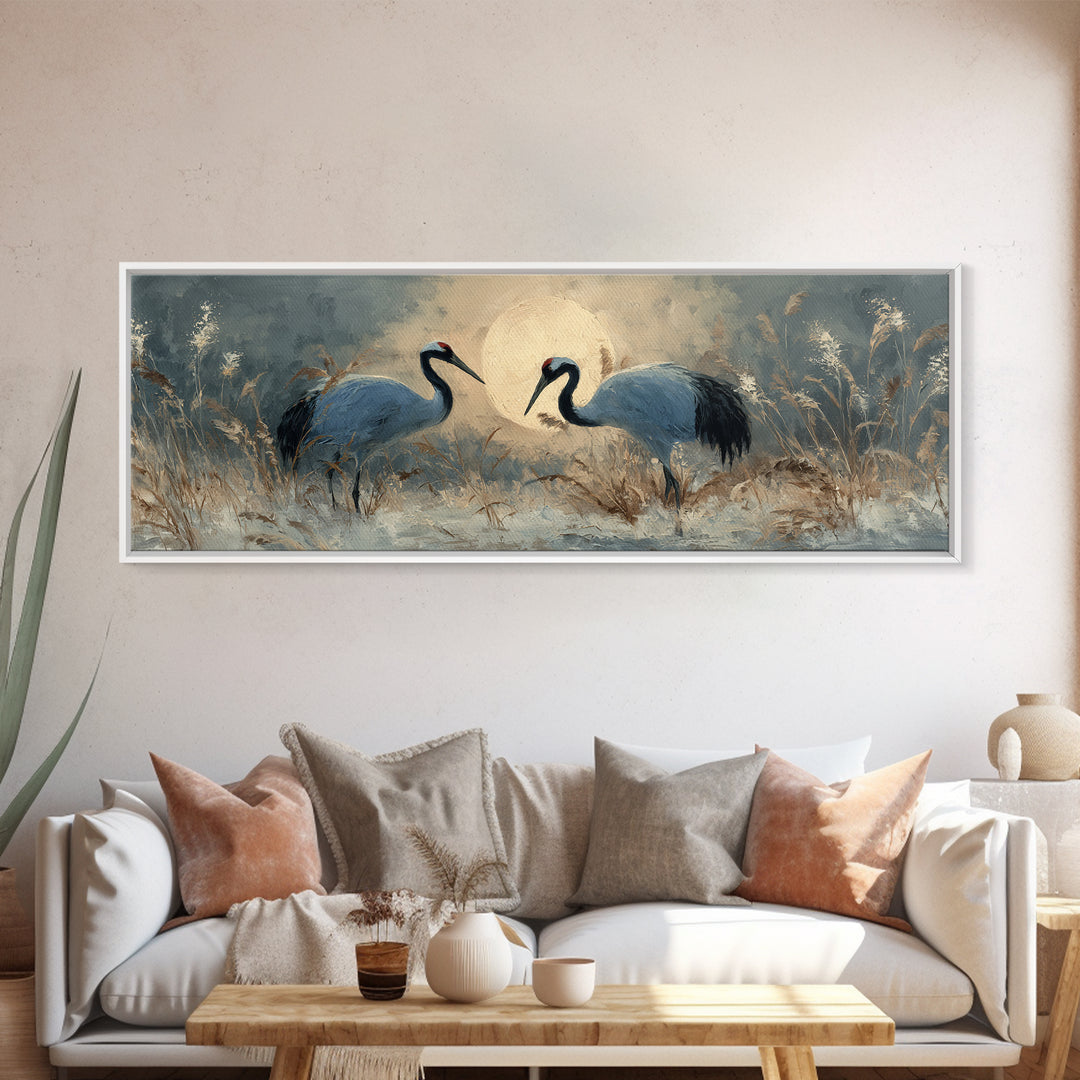 Pair of Cranes Dancing Canvas Print, Bird Art, Wall Decor, Living Room Decor, Fine Art, Flight, Boho Wall Decor, Modern Art, BIR-3x1-43