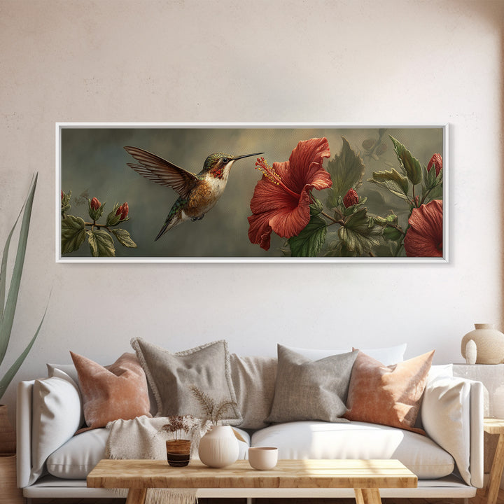 Hummingbird Hovering Beside Bright Hibiscus Framed Canvas Print, Bird Art, Neutral Decor, Living Room Decor, Fine Art, Flight, BIR-3x1-44