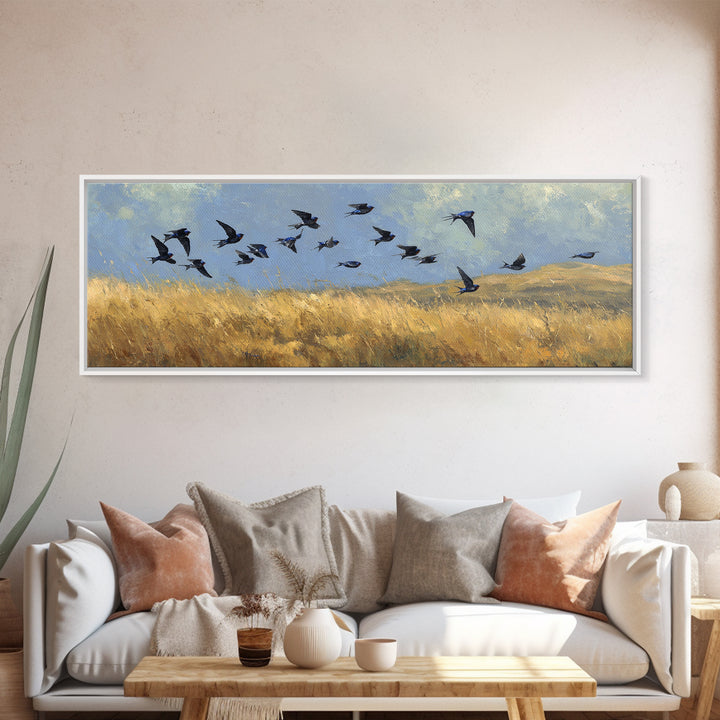 Flock of Swallows Sweeping Across Open Sky Canvas Print, Bird Art, Living Room Decor, Fine Art, Flight, Rustic Home Decor, BIR-3x1-46