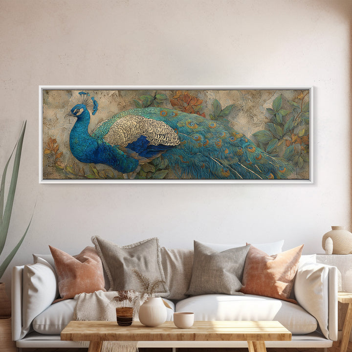 Peacock with Jewel Tone Feather Pattern Framed Canvas Print, Bird Art, Digital Prints, Living Room Decor, Oil Painting, Flight, BIR-3x1-47