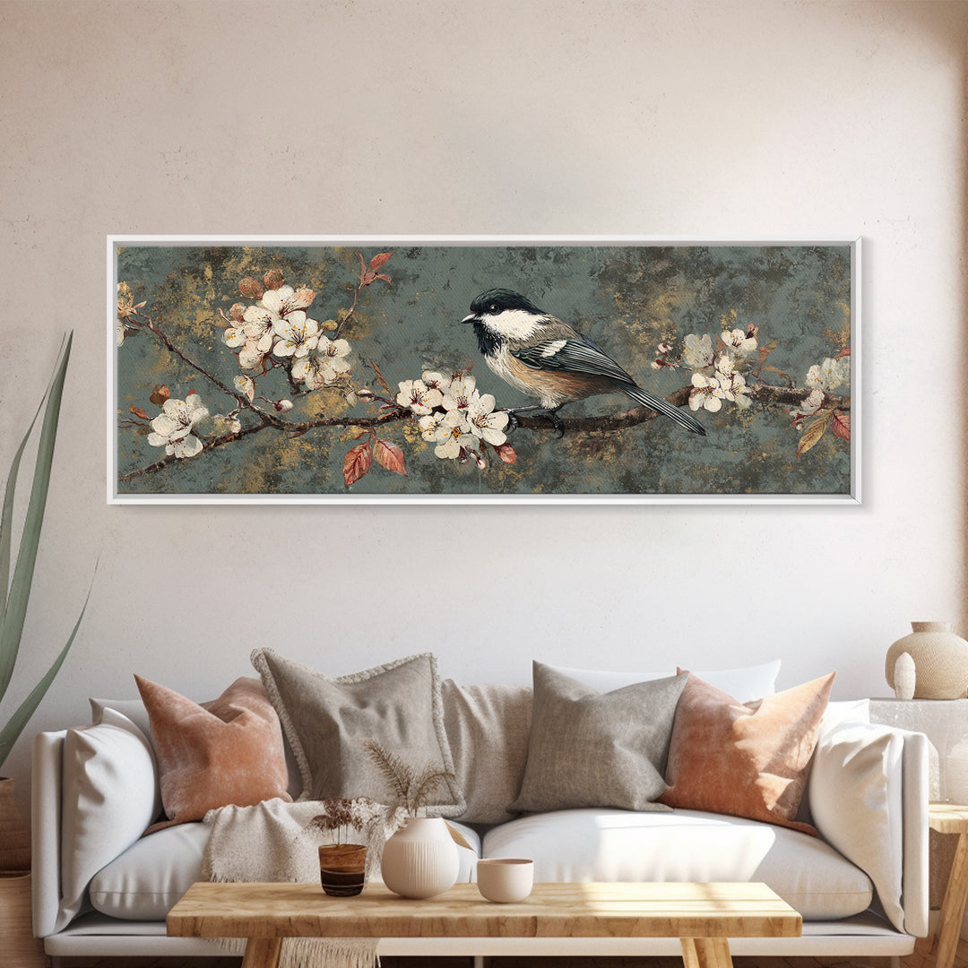 Songbird Perched on Cherry Blossoms Canvas Print, Bird Art, Art Print, Living Room Decor, Fine Art, Flight, Original Art, BIR-3x1-48