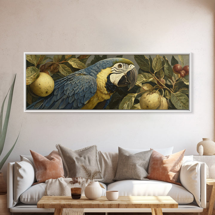 Parrot Among Tropical Leaves and Fruit Framed Canvas Print, Bird Art, Printable Art, Living Room Decor, Watercolor Art, Flight, BIR-3x1-5