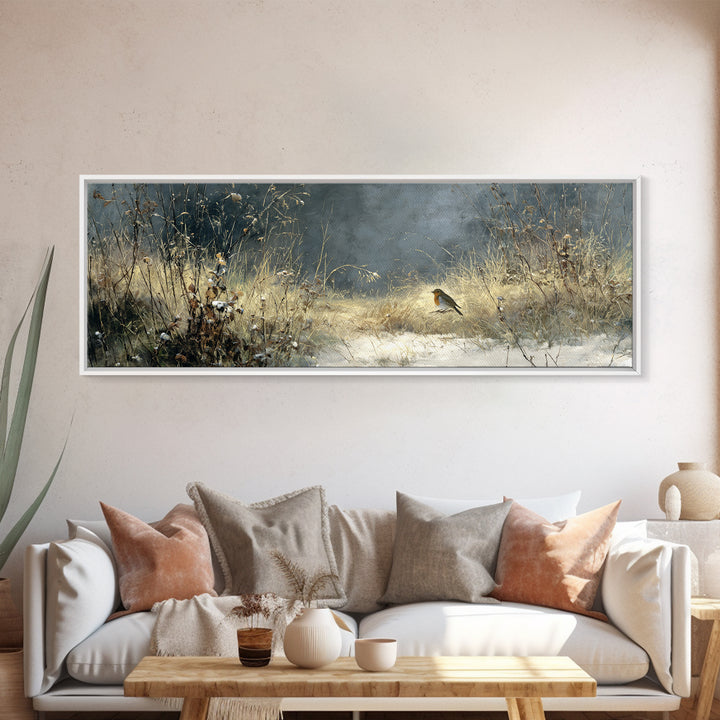 Robin in a Spring Garden with Soft Framed Canvas Print, Bird Art, Contemporary Art, Living Room Decor, Oil Painting, Flight, BIR-3x1-55