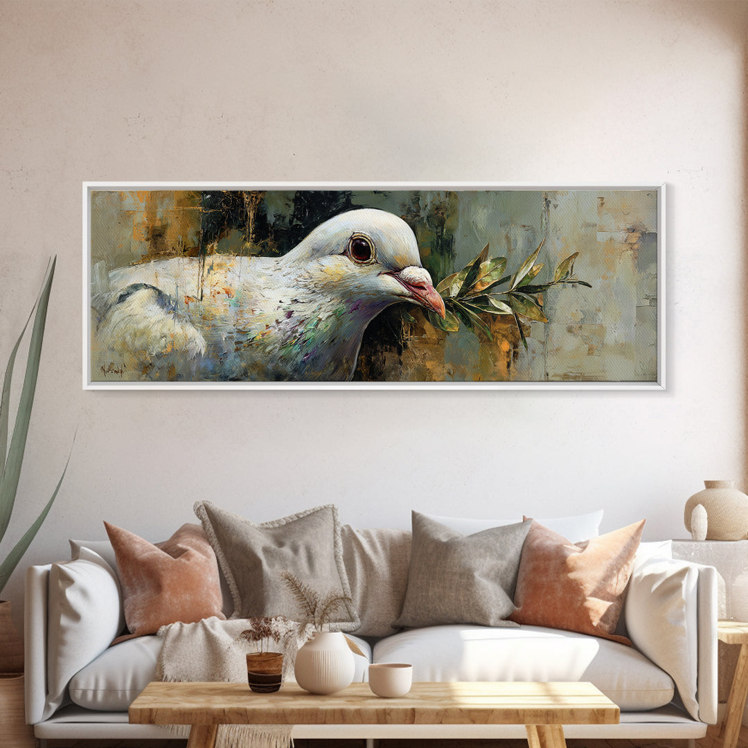White Dove with Olive Branch and Calm Framed Canvas Print, Bird Art, Textured Painting, Living Room Decor, Oil Painting, Flight, BIR-3x1-56