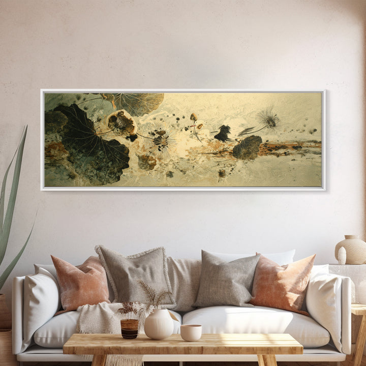 Crane and Lotus Composition Framed Canvas Print, Bird Art, Mid Century Wall Art, Living Room Decor, Fine Art, Flight, BIR-3x1-57