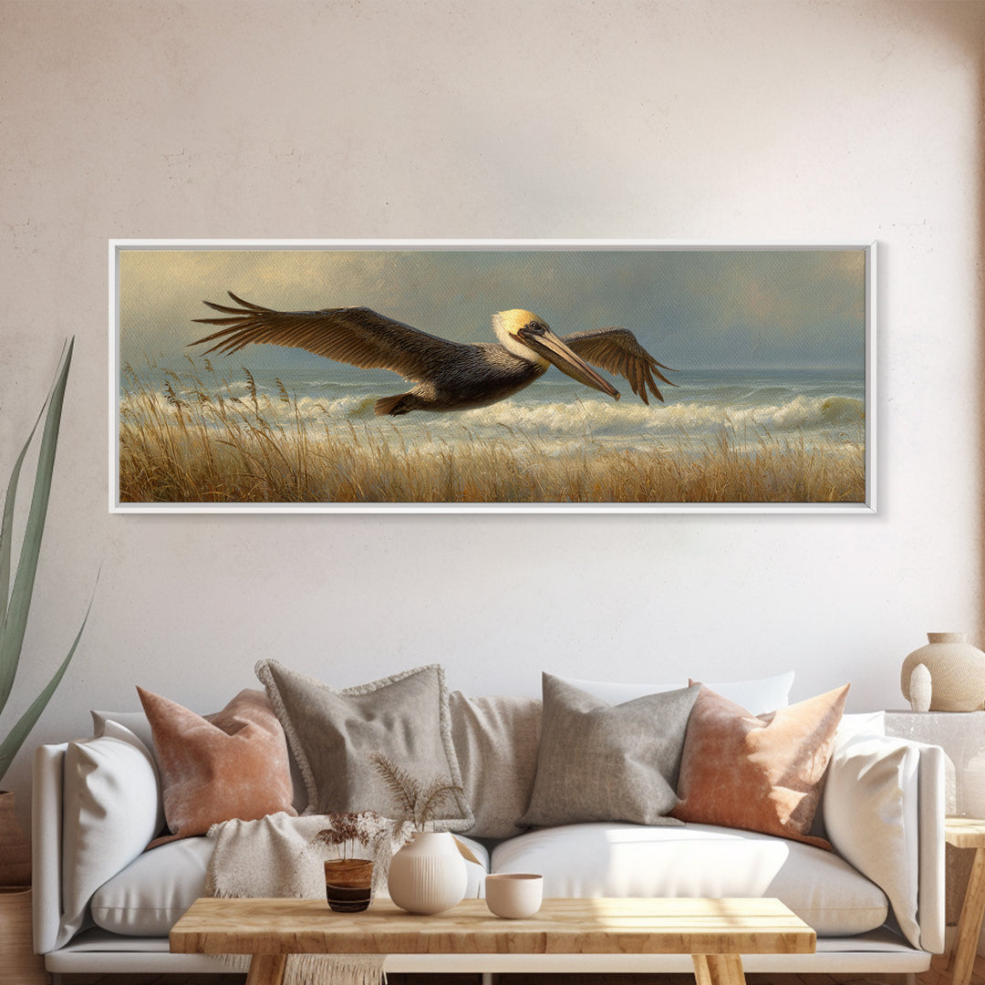 Pelican Flying over Coastal Waves Framed Canvas Print, Bird Art, Japanese Wall Art, Living Room Decor, Fine Art, Flight, BIR-3x1-58