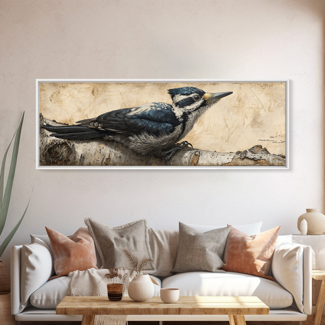 Woodpecker on Birch Bark Texture Canvas Print, Bird Art, Digital Download Art, Living Room Decor, Oil Painting, Flight, BIR-3x1-61