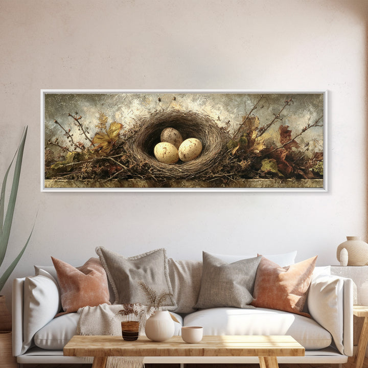 Bird Nest with Eggs and Delicate Twigs Canvas Print, Bird Art, Gallery Decor, Living Room Decor, Oil Painting, Flight, BIR-3x1-62