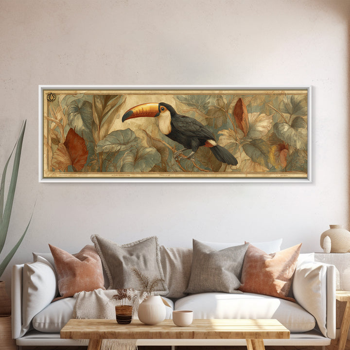 Toucan Framed by Bold Jungle Foliage Framed Canvas Print, Bird Art, Room Decor, Living Room Decor, Fine Art, Flight, BIR-3x1-63