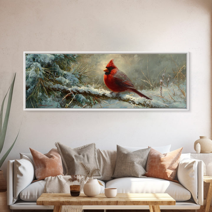 Red Cardinal on Snowy Pine Branch Canvas Print, Bird Art, Nature Prints, Living Room Decor, Fine Art, Flight, Boho Decor, BIR-3x1-65