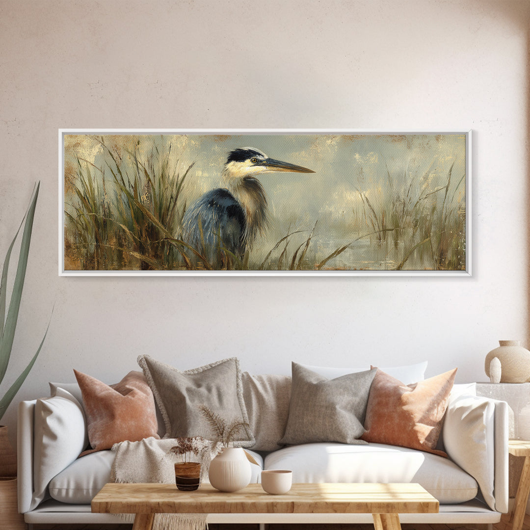 Blue Heron in Misty Marsh Grass Canvas Print, Bird Art, Boho Wall Decor, Living Room Decor, Fine Art, Flight, Nature Wall Art, BIR-3x1-66