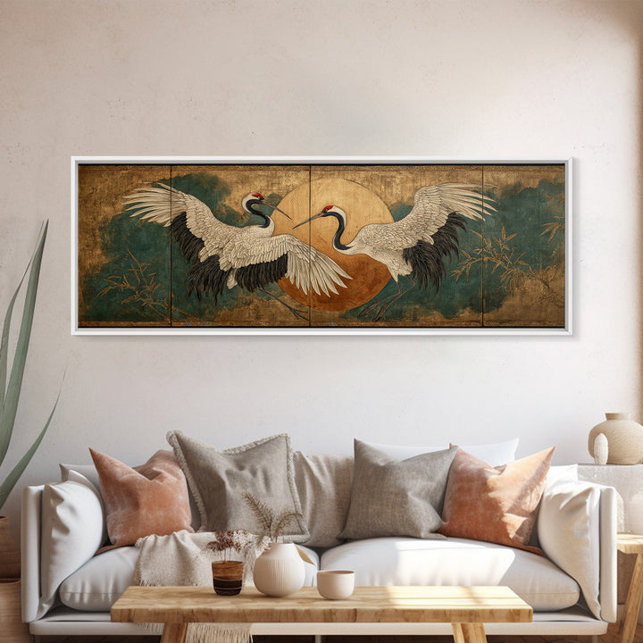Pair of Cranes Dancing Framed Canvas Print, Bird Art, Digital Print, Living Room Decor, Abstract Art, Flight, Bird Prints, BIR-3x1-67