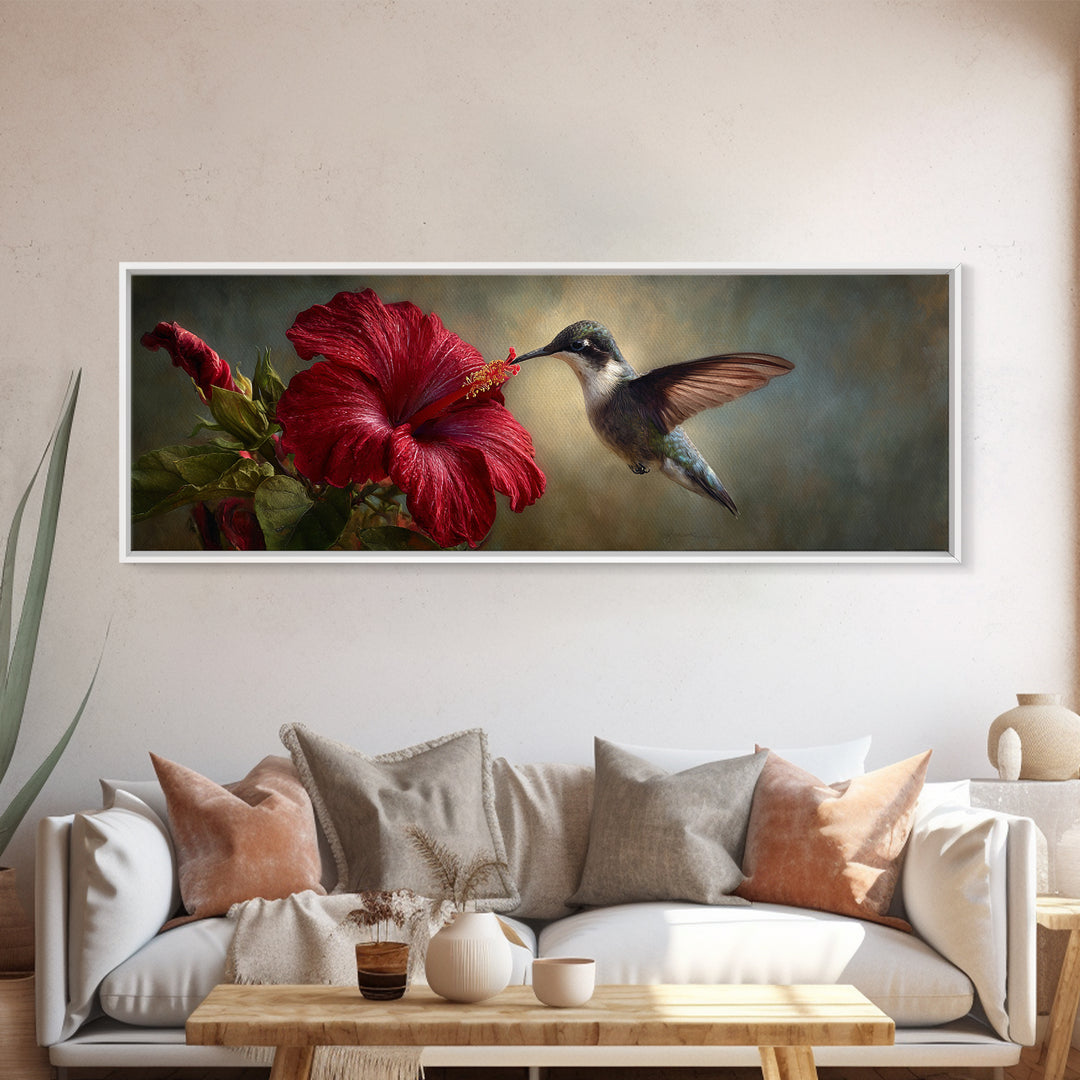 Hummingbird Hovering Beside Bright Hibiscus Framed Canvas Print, Bird Art, Living Room Decor, Watercolor Art, Flight, BIR-3x1-68