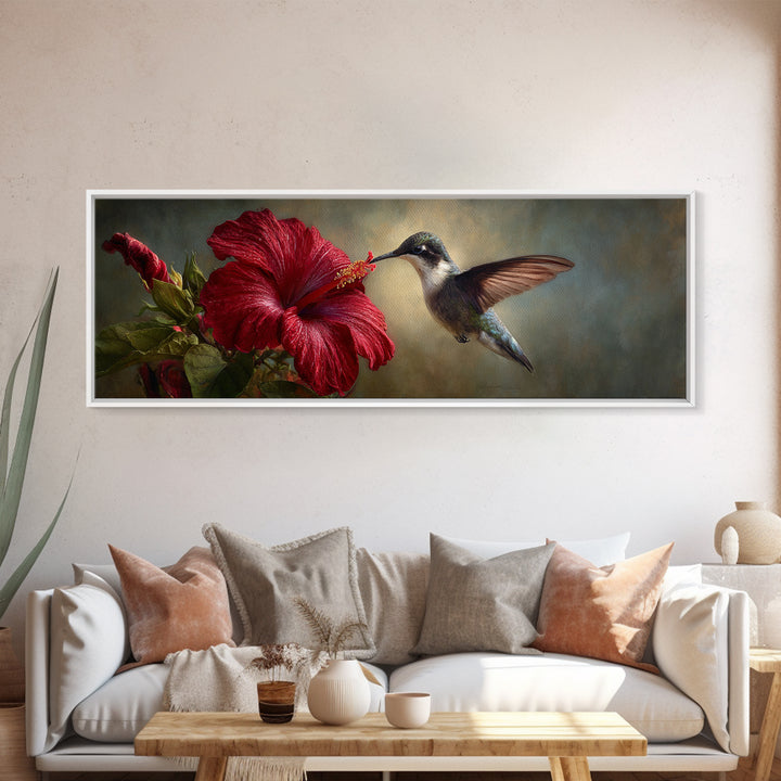 Hummingbird Hovering Beside Bright Hibiscus Framed Canvas Print, Bird Art, Living Room Decor, Watercolor Art, Flight, BIR-3x1-68