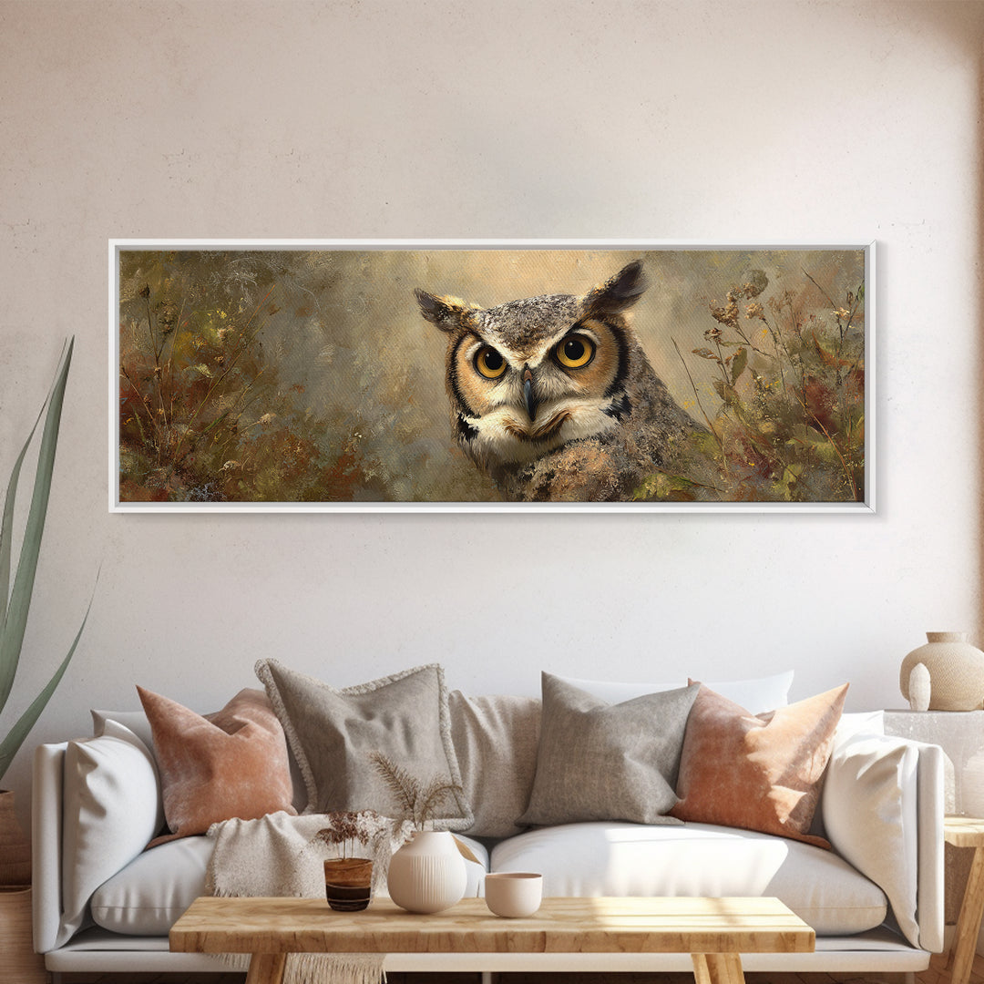 Owl Portrait with Wise Golden Eyes Framed Canvas Print, Bird Art, Living Room Art, Living Room Decor, Fine Art, Flight, BIR-3x1-69