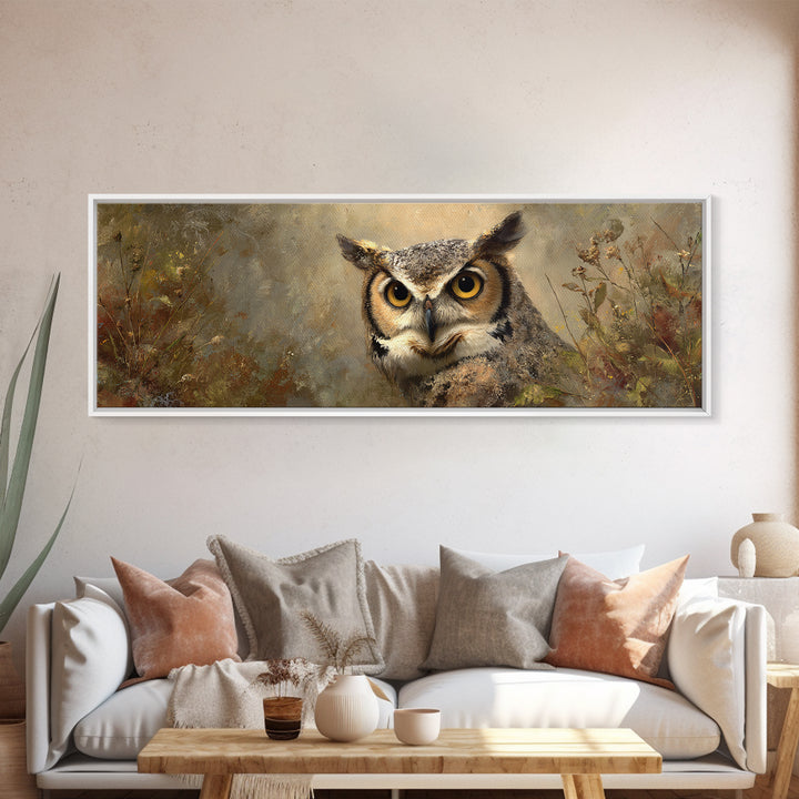 Owl Portrait with Wise Golden Eyes Framed Canvas Print, Bird Art, Living Room Art, Living Room Decor, Fine Art, Flight, BIR-3x1-69