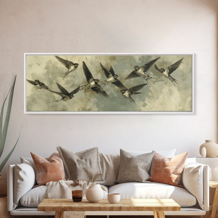 Flock of Swallows Sweeping Across Open Sky Canvas Print, Bird Art, Art Print, Living Room Decor, Oil Painting, Flight, BIR-3x1-70