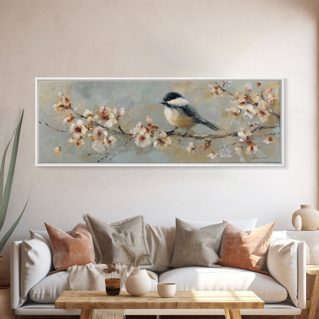 Songbird Perched on Cherry Blossoms Framed Canvas Print, Bird Art, Wall Art, Living Room Decor, Flight, Japanese Wall Art, BIR-3x1-72