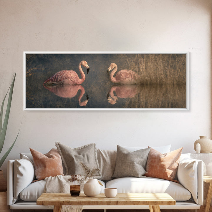 Flamingo Pair in Coral Water Reflections Framed Canvas Print, Bird Art, Modern Art, Living Room Decor, Oil Painting, Flight, BIR-3x1-74