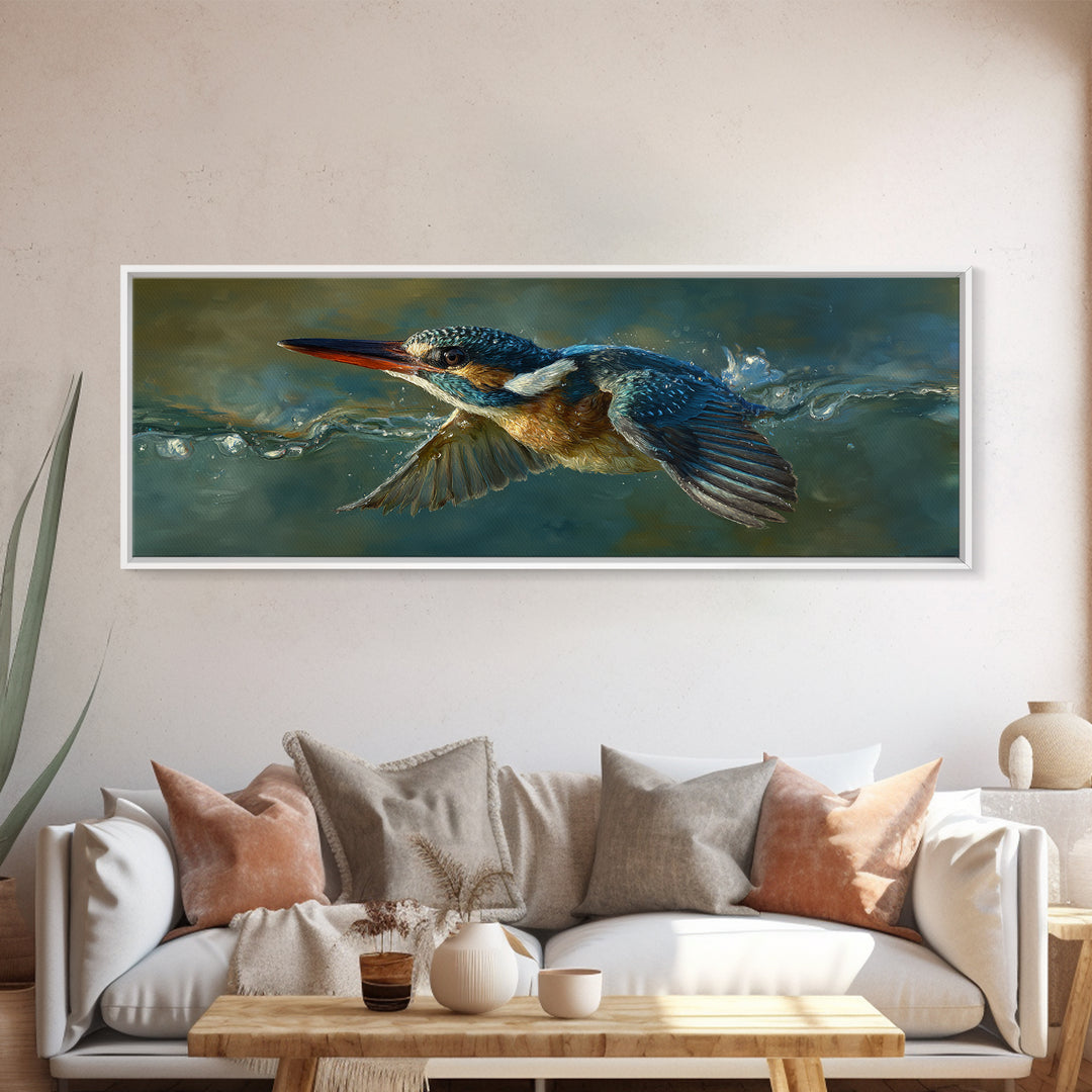 Kingfisher Diving Toward Blue Water Canvas Print, Bird Art, Farmhouse Decor, Living Room Decor, Flight, Digital Download Art, BIR-3x1-75