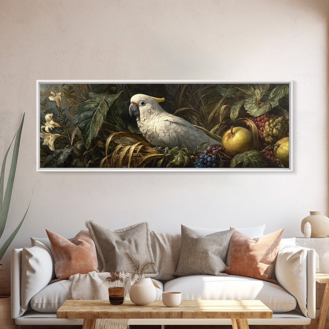 Parrot Among Tropical Leaves and Fruit Framed Canvas Print, Bird Art, Bird Prints, Living Room Decor, Fine Art, Flight, BIR-3x1-77