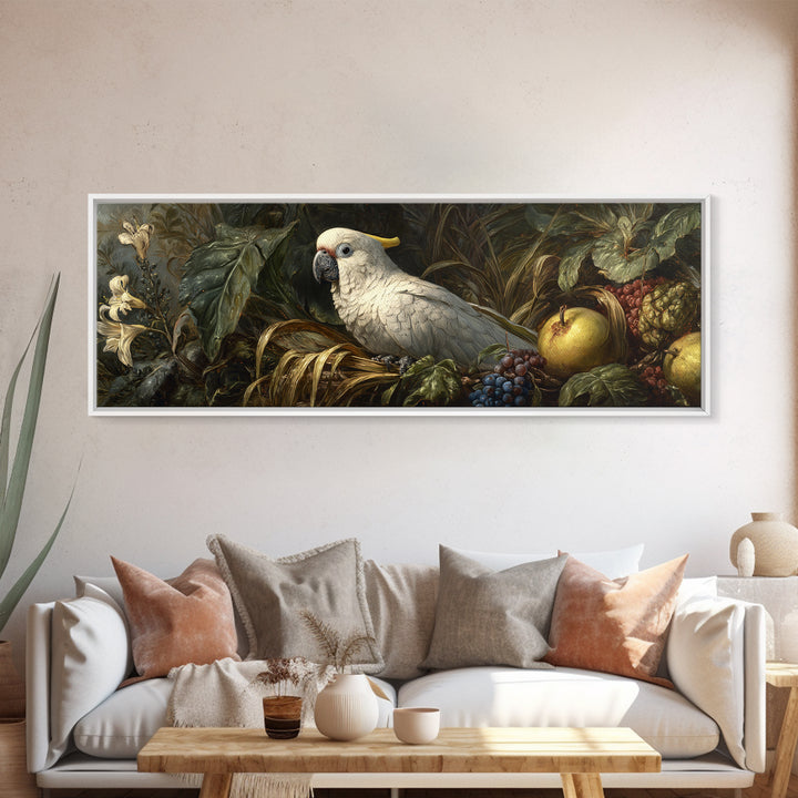 Parrot Among Tropical Leaves and Fruit Framed Canvas Print, Bird Art, Bird Prints, Living Room Decor, Fine Art, Flight, BIR-3x1-77