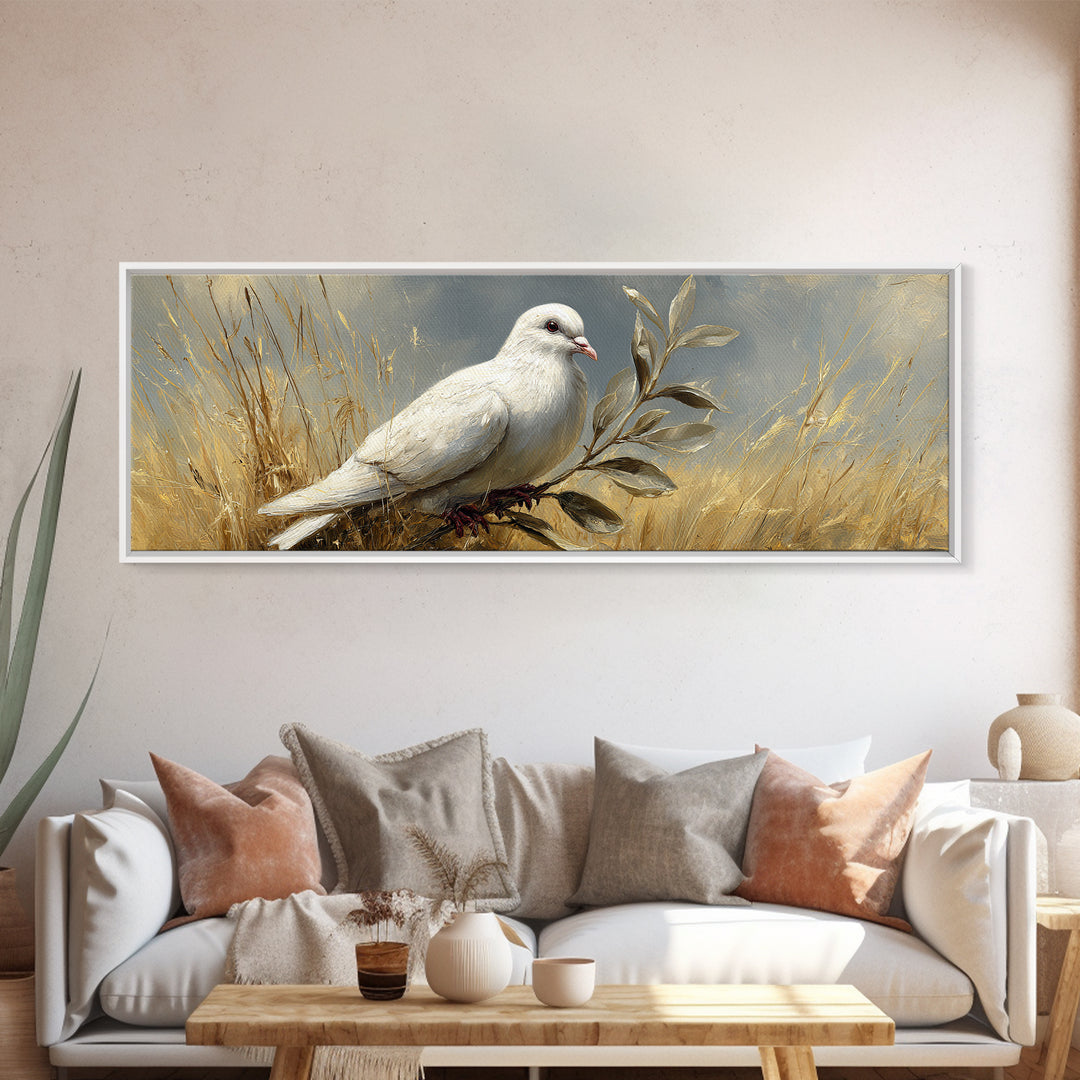 White Dove with Olive Branch and Calm Canvas Print, Bird Art, Nature Prints, Living Room Decor, Watercolor Art, Flight, BIR-3x1-8